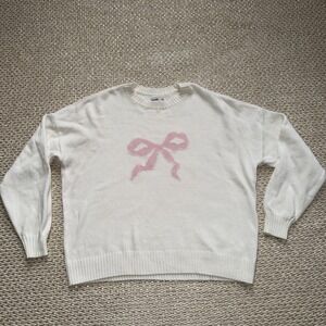 Holister Women's Pink Bow Tie Sweater Cotton Preppy Old Money Crewneck Oversized